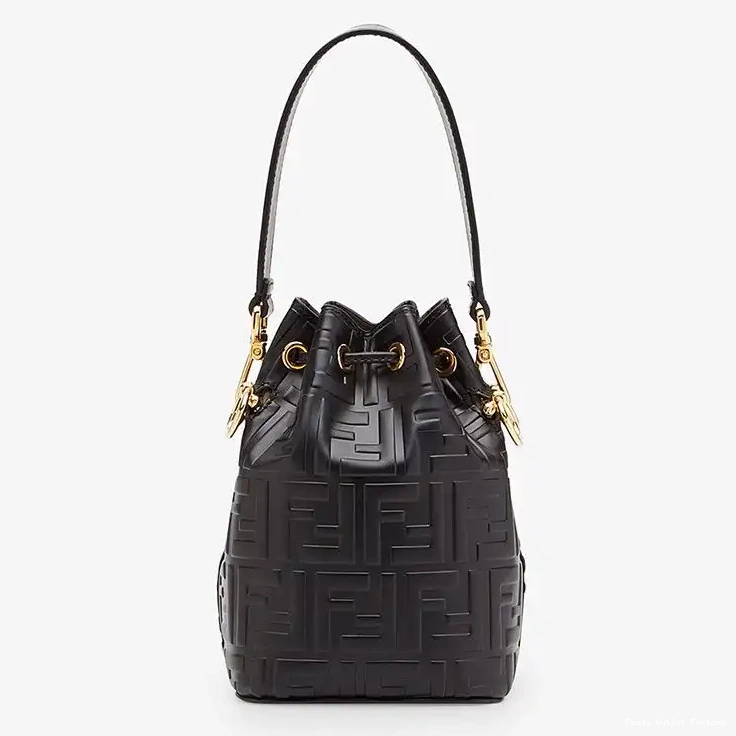 Affordable HOT Mon Mini Fendi FF Bag In Bucket Motif Black Tresor Leather Calf 0704